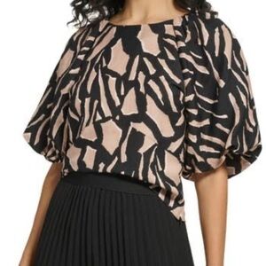 Dkny Black Tan & White Abstract Puff-Sleeve Linen Top NWT!